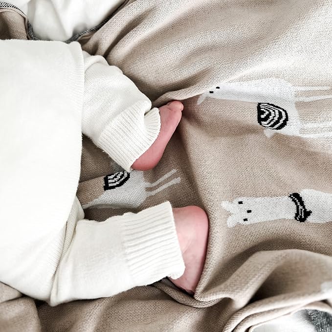 Baby Receiving Swaddle Stroller Blanket - 100% Fine Loomed Cotton Cozy Cuddle Crib Stroller Unisex Quilt Knit Blanket for Newborns Infants Toddler Boys and Girls (Llama - Baby Blue)