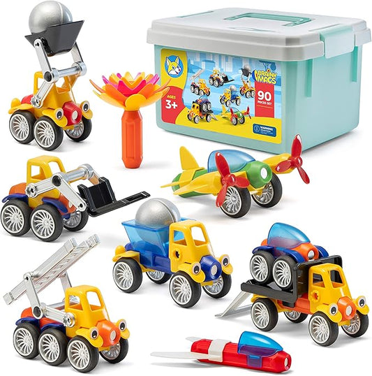 Play Brainy Magnetic Toy Cars Set – 90 Pieces (Montessori Educational Toy for Toddlers and Preschoolers) Helps with Developmental Skills