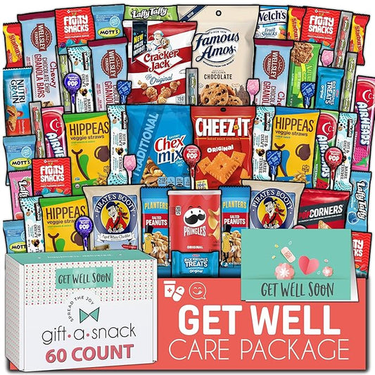 Gift A Snack - Get Well Soon Snack Box Variety Pack Care Package + Greeting Card (60 Count) Feel Better Sweet Treats Gift Basket, Candies Chips Crackers Bars - Cravy Food Assortments & Variety Gifts