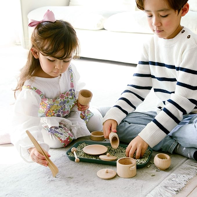 Blue Ginkgo Sensory Bin Tools – Montessori Fine Motor Skills Learning Set for Toddlers and Kids Pretend Play [9 PC] Kitchen Wooden Set with Scoops, Bamboo Tongs