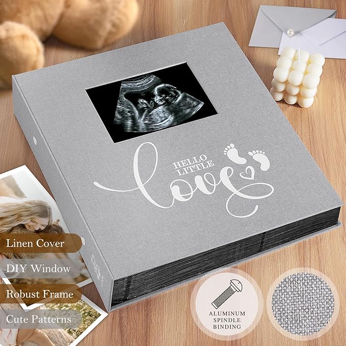 Lanpn Baby Photo Album 4x6 600 Pockets, Linen Cover Ultrasound Album, Sonogram Picture Album, Newborn Bebe Memory Book Photobook with Front Window, Gift for Boy Girl Baby Shower Birthday Grey