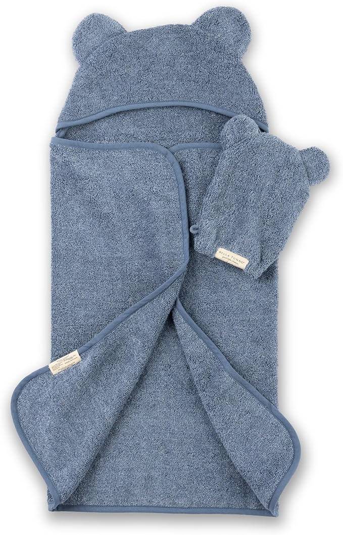 Bella Tunno Baby Bath Towel and Wash Mitt Set – Soft Absorbent Hooded Towels and Mitt-Style Baby Washcloths, Oeko-TEX Certified (Rain)