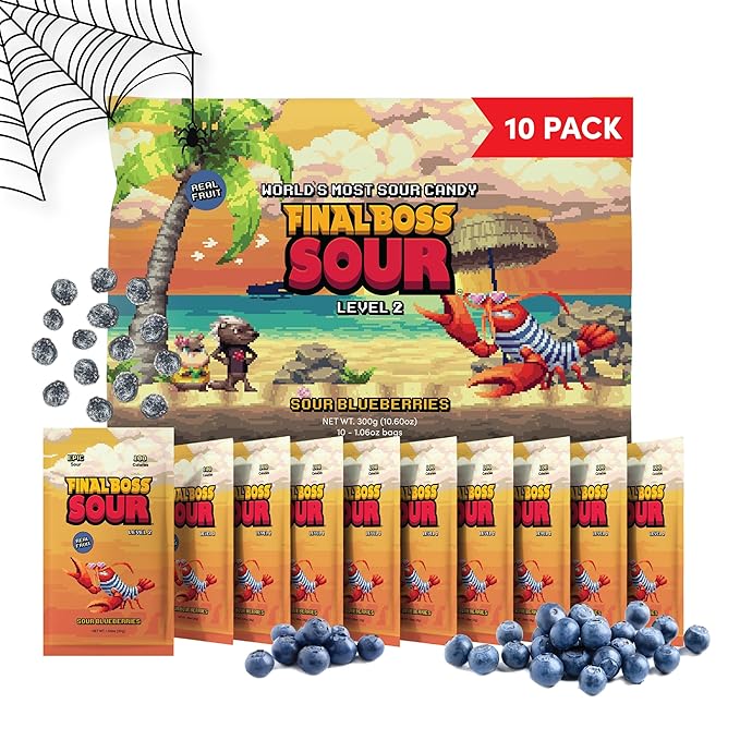 Final Boss Sour Candy, Sour Blueberries, 10 Pack, Level 2, Fruit Chews with Real Dried Fruit, No Artificial Colors or Flavors, Low Calorie Snack for Kids, Teens, Adults, Lunch Boxes & On The Go