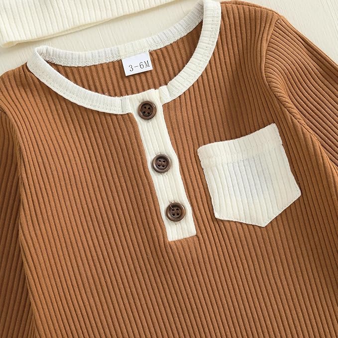 fhutpw Newborn Baby Boy Clothes Ribbed Knit Bodysuit 3 6 Months Infant Fall Long Sleeve Splicing Color Romper Jumpsuit & Hat