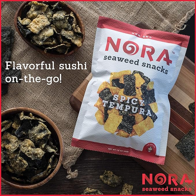 Spicy Tempura Seaweed Snacks by Nora, Thick Nori Sheets Snack Strips, Low-Carb Healthy Snacks for Adults, Asian Snacks, Vegan, Non-GMO, 6-Pack