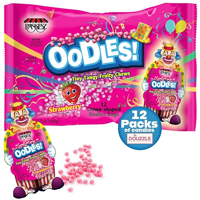DOUzzle Back To School Oodles Clown Shaped, Strawberry Tiny Tangy Chews (12 Count, 1 Pack) Individually Wrapped, Party Favor, Goodie Bag & Pinata Filler - Kosher Parve