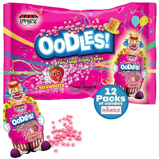DOUzzle Back To School Oodles Clown Shaped, Strawberry Tiny Tangy Chews (12 Count, 1 Pack) Individually Wrapped, Party Favor, Goodie Bag & Pinata Filler - Kosher Parve