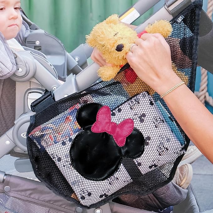 J.L. Childress Disney Baby Side Sling Stroller Cargo Net - Stroller Organizer Attachment for Storage, Mesh Bag for Baby Accessories, Universal Fit - Minnie Mouse