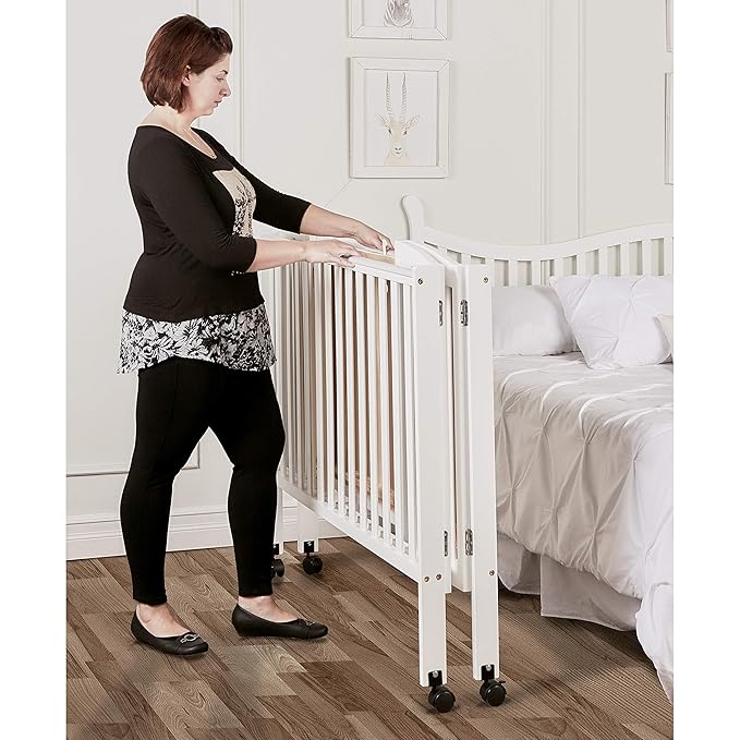 Dream On Me 3-in-1 Portable Folding Stationary Side Mini Baby Crib in White & Mattress, GreenGuard Gold & JPMA, Use as Changer & Playpen, Locking Wheels, 3 Mattress Heights, Extra Firm Mattress