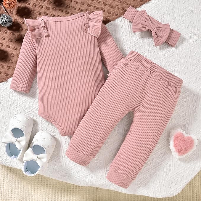 Aalizzwell Preemie Newborn Infant Baby Girls Clothes Ribbed Bodysuit Pants Set Fall Winter Outfits