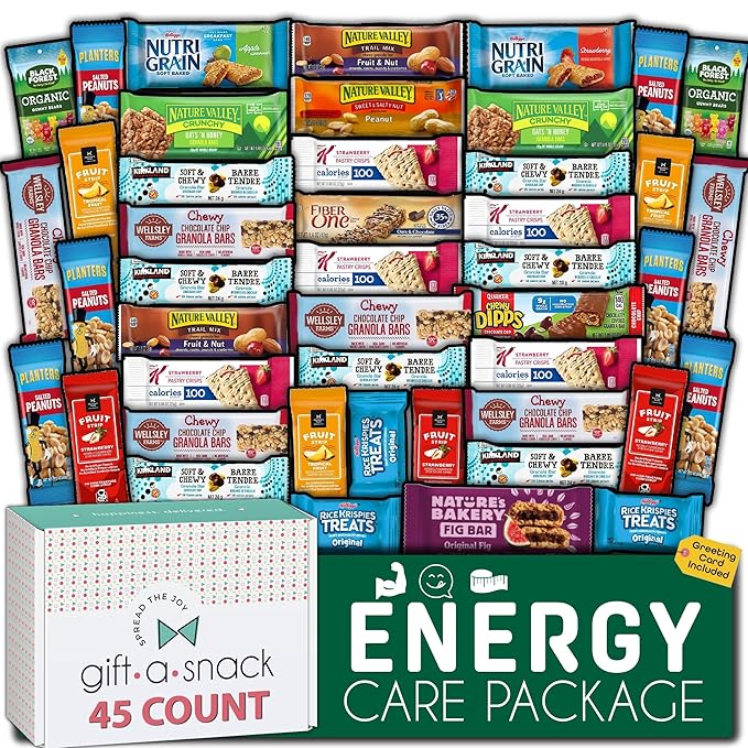 Gift A Snack - Back to School/Off to College Healthy Granola Breakfast Bars, Snack Box Care Package + Greeting Card (45 Count) Birthday Treats Gift Basket Nutritious Chips, Office Food Assortments