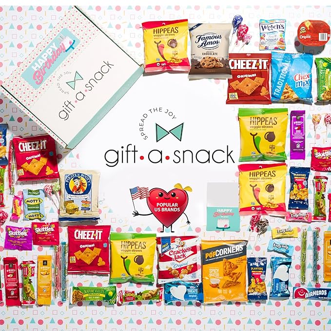 Gift A Snack - Happy Birthday Snack Box Variety Pack Care Package + Greeting Card (60 Count) Bday Sweet Treats Gift Basket, Candies Chips Crackers Bars - Cravy Food Assortments & Variety Gifts