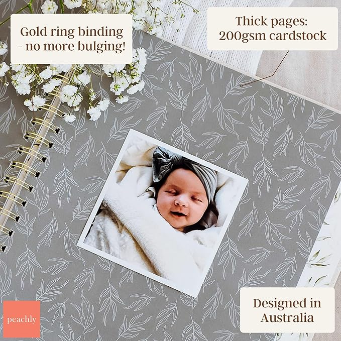 Peachly Unisex Baby Memory Book | Minimalist Baby First Year Keepsake for Milestones | Baby Books First Year Memory Book | Simple Baby Scrapbook for Boy Girl Milestones | Natural Linen - Olive