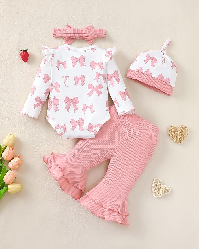 Renotemy Preemie Newborn Baby Girl Clothes Infant Romper Fall Winter Outfits Gifts for Girls Cute Bell Bottoms Pant Sets