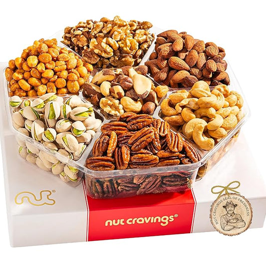 NUT CRAVINGS - Mixed Nuts Gift Basket in Red Gold Box (7 Assortments, 2 LB) Food Arrangement, Healthy Snack Care Package, Food Assortments