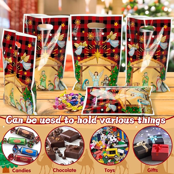50Pcs Christmas Nativity Christian Party Favor Bags, Jesus Cardinal Buffalo Plaid Goodies Gift Bags, O Holy Night Themed Party Decorations for Christmas Birthday Supplies