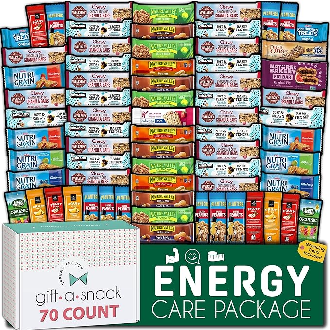 Gift A Snack - Back to School/Off to College Healthy Granola Breakfast Bars, Snack Box Care Package + Greeting Card (70 Count) Birthday Treats Gift Basket Nutritious Chips, Office Food Assortments