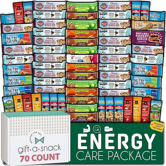 Gift A Snack - Back to School/Off to College Healthy Granola Breakfast Bars, Snack Box Care Package + Greeting Card (70 Count) Birthday Treats Gift Basket Nutritious Chips, Office Food Assortments