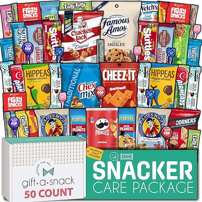 Gift A Snack - Back to School/Off to College Snack Box Variety Pack Care Package + Greeting Card (50 Count) Birthday Sweet Treats Gift Basket, Candies Chips Crackers Bars, Office Food Assortments