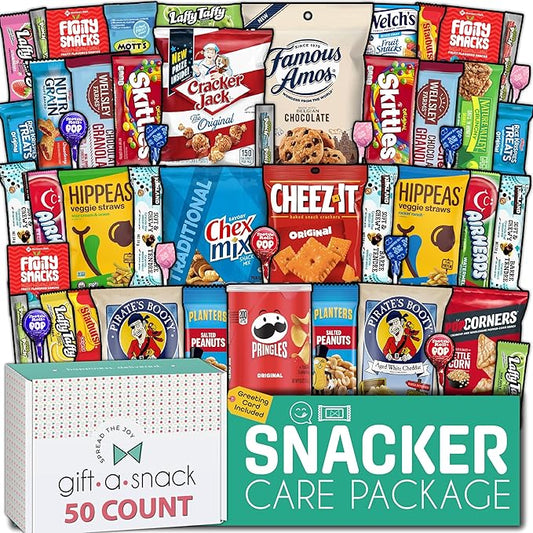Gift A Snack - Back to School/Off to College Snack Box Variety Pack Care Package + Greeting Card (50 Count) Birthday Sweet Treats Gift Basket, Candies Chips Crackers Bars, Office Food Assortments