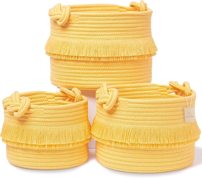 NaturalCozy 3-Piece Boho Decor Storage Basket Set – Cotton Rope Woven Baskets for Organizing! Small Basket for Baby Stuff, Baby Shower, Gift Basket, Nursery Baby Basket, Planter, Toy Basket, Shelves