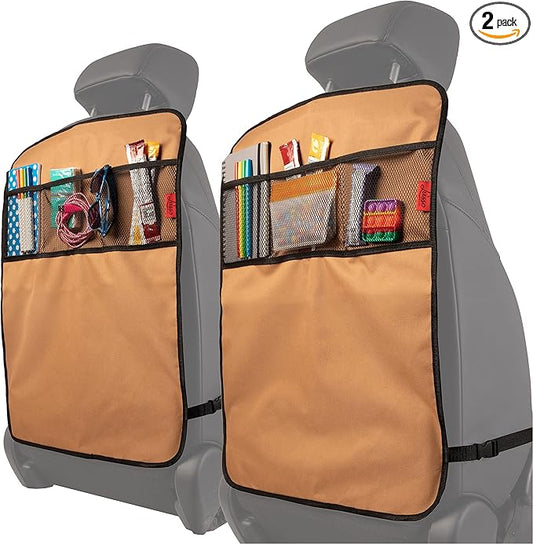 Lusso Gear Heavy Duty Kick Mats (2 Pk) - Back Seat Protector, Sag Proof, Waterproof, Car Back Seat Cover for Kids Who Make Big Messes, 3 Reinforced Storage Pockets, Premium Oxford Fabric (Tan)