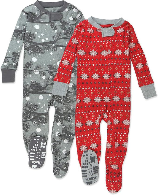 HonestBaby Non-Slip Footed Holiday Pajamas One-Piece Sleeper Zip-Front PJs Organic Cotton for Baby Boys, Girls, Unisex