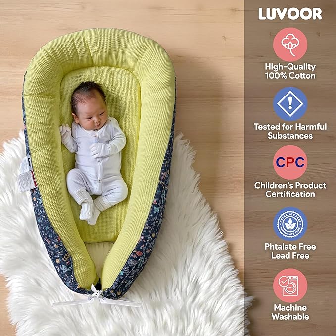 %100 Cotton Baby Lounger - 3 in 1 Baby Nest, Waffle Blanket, Waterproof Changing Mat, Deluxe Infant Lounger, Dock a tot, Portable Set, Newborn Essentials, Breathable Soft Cover, Travel Bed,Shower Gift