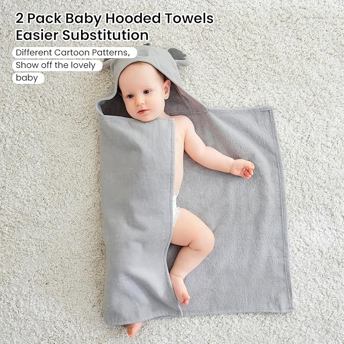Mooreeke 2 Pack Baby Towels - 100% Cotton Baby Hooded Towels - Soft Baby Bath Towels with Hood for Newborn - Comfort Towels for Baby Girls and Boys - Animal Shaped Design (Puppy & Koala)