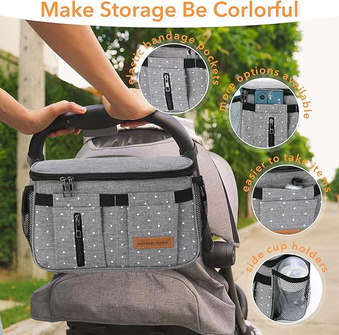 Miracle Baby Stroller Organizer Bag for Mom,Universal Stroller Storage Caddy Diaper Bag- Compatible with Most Stroller - Multifunctional Larg(Grey Star)