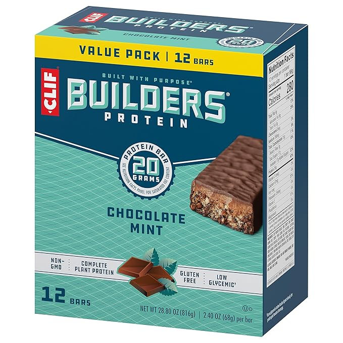 CLIF BUILDERS Protein Bars - Chocolate Mint Flavor - 20g Plant Based Protein - Gluten Free - Non-GMO - Low Glycemic - No Artificial Sweeteners - Value Pack, 2.4 oz. (12 Count)