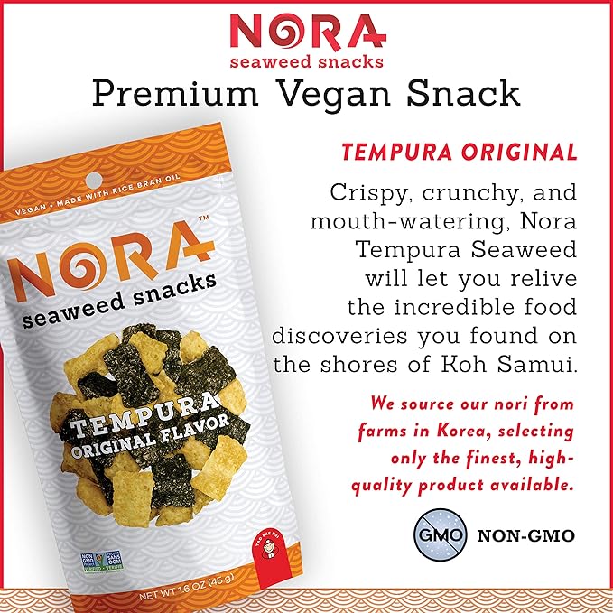 Original Tempura Seaweed Snacks by Nora, Thick Nori Sheets Snack Strips, Low-Carb Healthy Snacks for Adults, Asian Snacks, Vegan, Non-GMO, 6-Pack