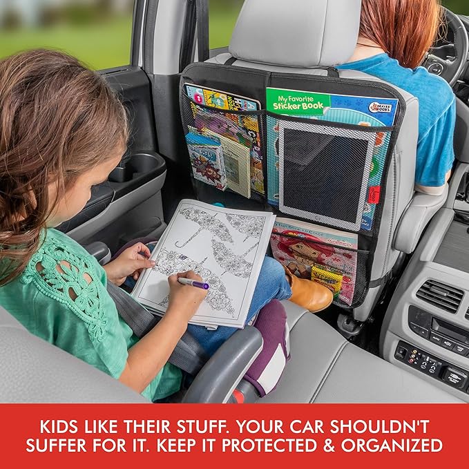 Lusso Gear Kick Mats (2 Pack) - Car Seat Back Protectors, Premium Waterproof Fabric, Reinforced Corners to Prevent Sag, and 4 Mesh Pockets for Large Storage (Red)