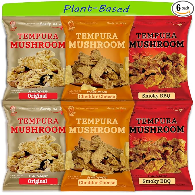 BITETUOSO TRIO set TEMPURA OYSTER MUSHROOMS for on the Go, Plant-Based Snack, Falvors: Original, Smoky BBQ, Cheddar Cheese Plant-Based, 1.41 oz (Pack of 6), Dairy Free, Vegan, Crispy Gourmet Snack, No MSG