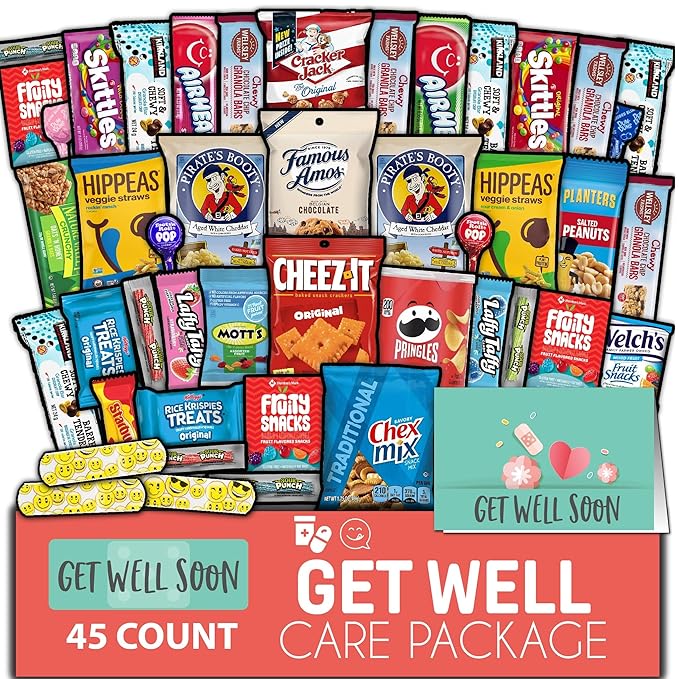 Gift A Snack - Get Well Soon Snack Box Variety Pack Care Package + Greeting Card (45 Count) Feel Better Sweet Treats Gift Basket, Candies Chips Crackers Bars - Cravy Food Assortments & Variety Gifts