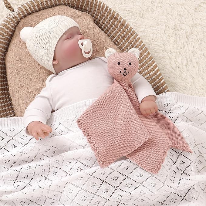LAWKUL Baby Blanket Bear Lovey Soft Cuddly Security Blanket for Newborns Infants Boy Girl Knit Snuggle Comfort Pink 16x16in