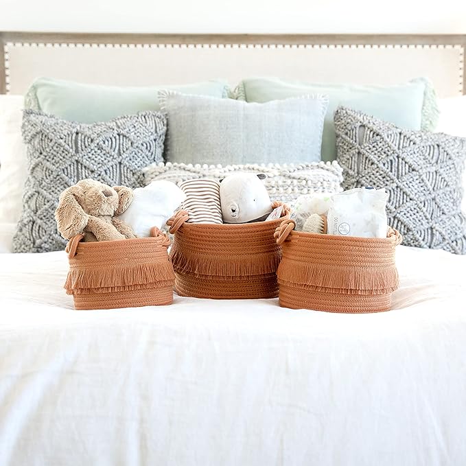 NaturalCozy 3-Piece Boho Decor Storage Basket Set – Cotton Rope Woven Baskets for Organizing! Small Basket for Baby Stuff, Baby Shower, Gift Basket, Nursery Baby Basket, Planter, Toy Basket, Shelves