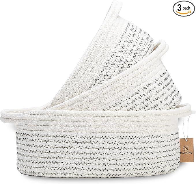 NaturalCozy 3-Piece Oval Storage Basket Set– Soft Natural Rope Woven Baskets for Storage Shelf, Toy, Nursery, Gift, Baby Shower, Pets Cat Dog Bins | Small Basket for Organizing (Black Stitching)