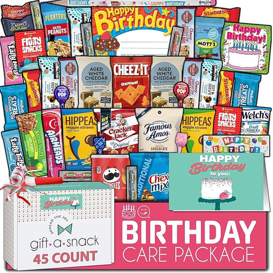 Gift A Snack - Happy Birthday Snack Box Variety Pack Care Package + Greeting Card (45 Count) Bday Sweet Treats Gift Basket, Candies Chips Crackers Bars - Food Assortments Cravy Food Assortments & Variety Gifts