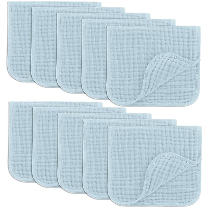 Comfy Cubs Muslin Burp Cloths 20" x 10", Pack of 10 - Large, 6-Layer, Ultra Absorbent 100% Cotton for Baby Drool and Messes - Soft, Safe & Gentle Baby Burp Cloths for Boys & Girls - Sky Blue