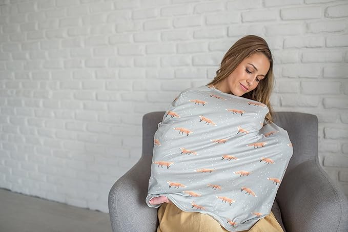 Baby Car Seat Cover Canopy and Nursing Cover Multi-Use Stretchy 5 in 1 Gift Grey with Foxes Copper by Copper Pearl