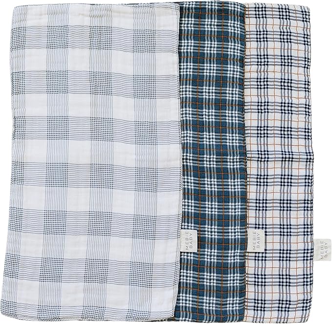 Mebie Baby Burp Cloths, Plaid, Muslin Burp Cloth Set for Spit Up, Drool, and More, Boho Burp Cloths for Baby Boy and Girl, Baby Must Haves for Registry Lists and Gifts for Newborns