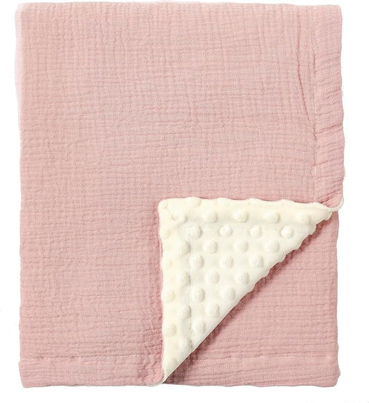 CREVENT 30''X40'' Organic Muslin Cotton Baby Blanket for Newborns, Soft Mink Backing, Essential for Baby Shower Birthday Gift - Pink 75X100cm