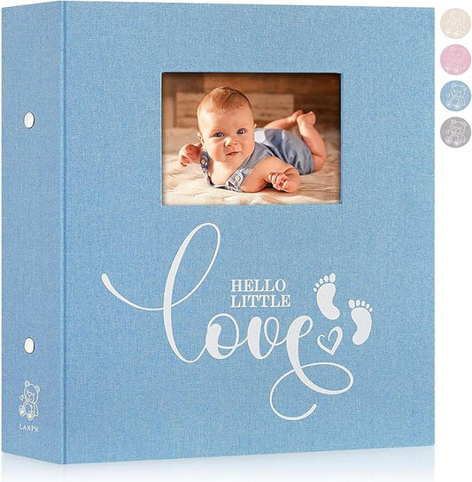 Lanpn Baby Photo Album 4x6 600 Pockets, Linen cover Newborn Bebe Memory Book Photobook Holds 600 Horizontal and Vertical Pictures, Picture Album with Front Window Gift for Boy Girl Baby Shower Blue