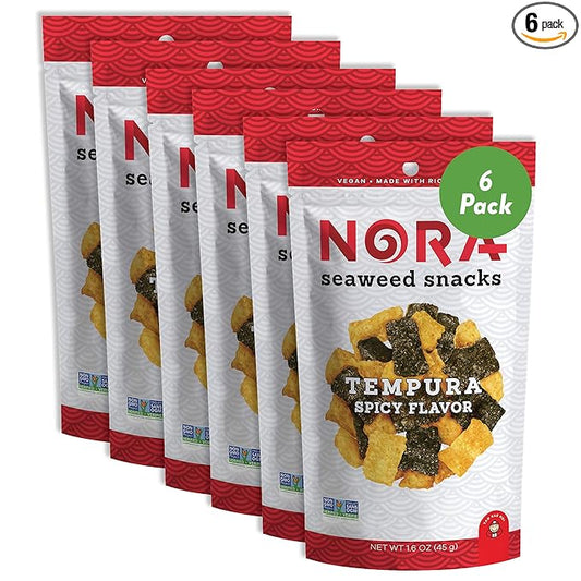 Spicy Tempura Seaweed Snacks by Nora, Thick Nori Sheets Snack Strips, Low-Carb Healthy Snacks for Adults, Asian Snacks, Vegan, Non-GMO, 6-Pack