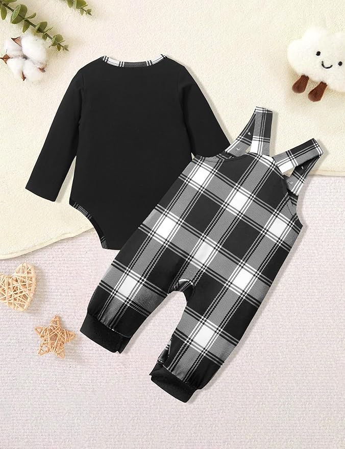 Baby Boy Clothes Long Sleeve Animal Plaid Romper + Overalls Infant Boy Clothes 2PCS Fall Winter Outfits
