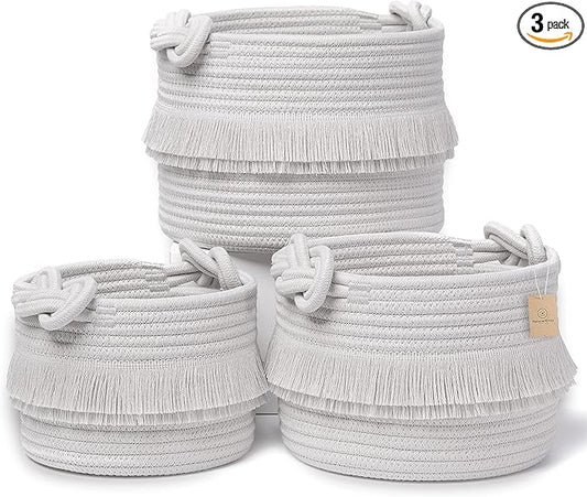 NaturalCozy 3-Piece Decorative Storage Basket Set – Cotton Rope Woven Baskets for Organizing! Small Storage Bins for Nursery Baby Stuff, Gift, Montessori, Dog Toy Bin, Cat Toys, Bathroom Shelves