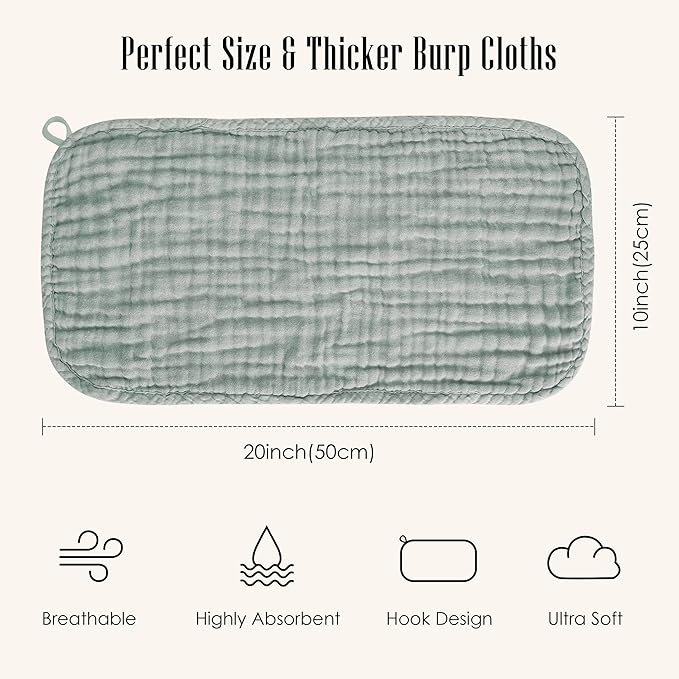 12 Pack Muslin Burp Cloths - Large 20" x 10", Ultra Absorbent 100% Cotton for Baby Drool and Messes - Soft, Gentle Baby Burp Rag for Boys & Girls -Green