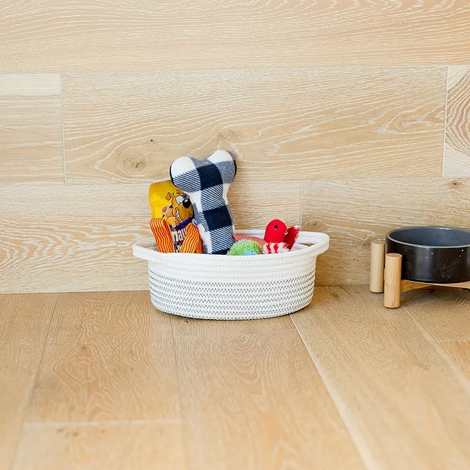 NaturalCozy 3-Piece Oval Storage Basket Set– Soft Natural Rope Woven Baskets for Storage Shelf, Toy, Nursery, Gift, Baby Shower, Pets Cat Dog Bins | Small Basket for Organizing (Black Stitching)