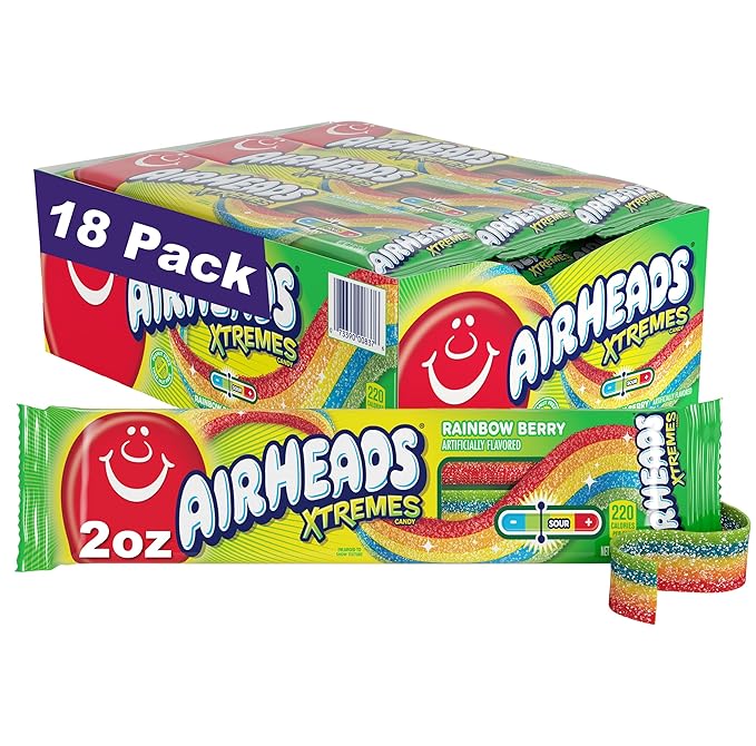 Airheads Xtremes Belts, Halloween Trick or Treat Sweetly Sour Candy, Rainbow Berry, Individually Wrapped Bulk Candy for Adults & Kids, Non-Melting, Party Bag, 2 oz (Pack of 18)